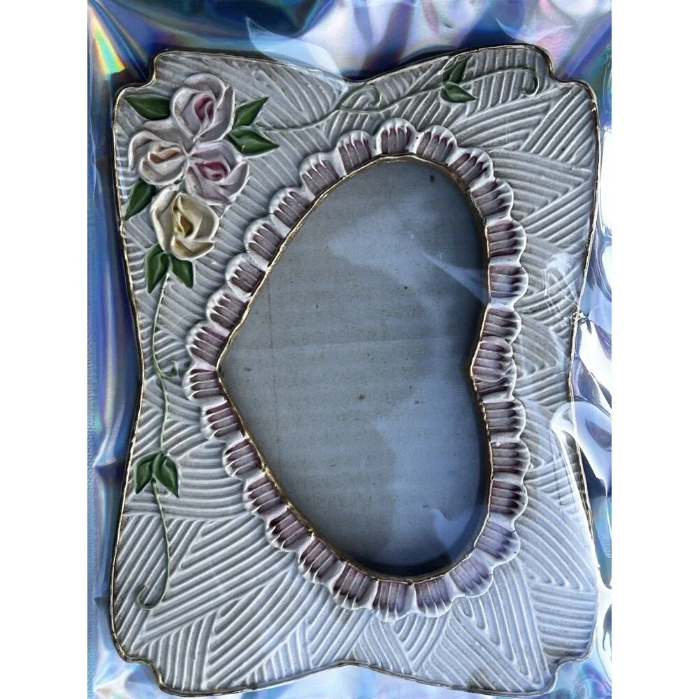 Vintage Hand Painted Ceramic Rose Picture Frame Cottage Shabby Chic